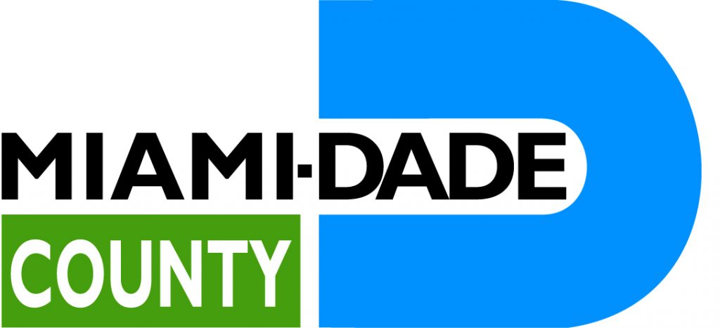 Miami Dade County Logo. There is a rectangular logo with the words Miami Dade County written in the middle. The words Miami and Dade are black and the word County is white on a green background. There is a blue shape that looks like the letter D framing the word Dade. There is white space above the word Miami.